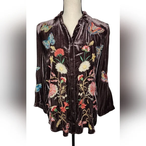 Johnny Was Velvet Kimono Sleeve Brown Luciana Butterfly Shirt Women's Size XS - Picture 4 of 12